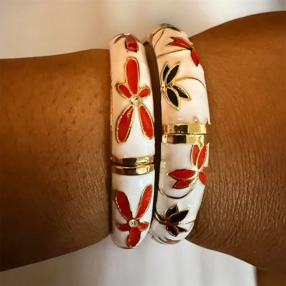 enameled bangle bracelet with red plumeria flowers and rhinestone centers. 2 - Picture 6 of 6